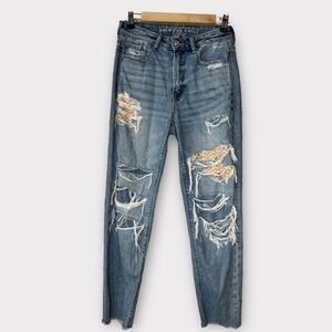 American Eagle mom straight distressed patched jean